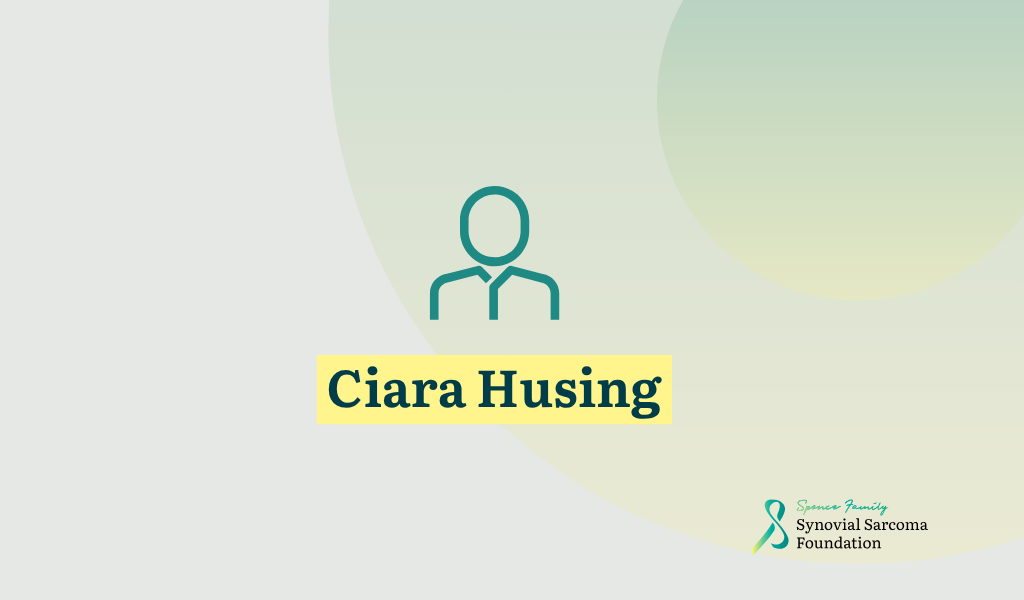 A simple outline of a person above the name "Ciara Husing" in bold text with the Synovial Sarcoma Foundation logo in the bottom right corner on a light background with circular gradients.