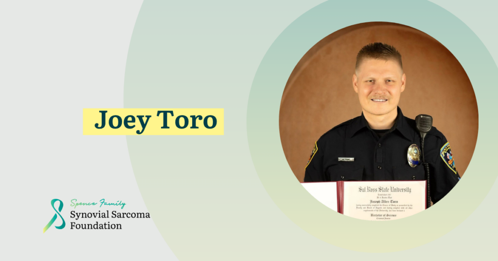A smiling police officer in uniform holds a diploma. Text reads “Joey Toro.” The Synovial Sarcoma Foundation logo appears in the bottom left corner. The background is a soft green gradient with circular shapes.