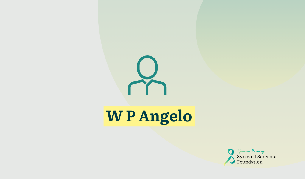 A simple line icon of a person above the name "W P Angelo" highlighted in yellow, with the Synovial Sarcoma Foundation logo and text in the bottom right corner on a light abstract background.