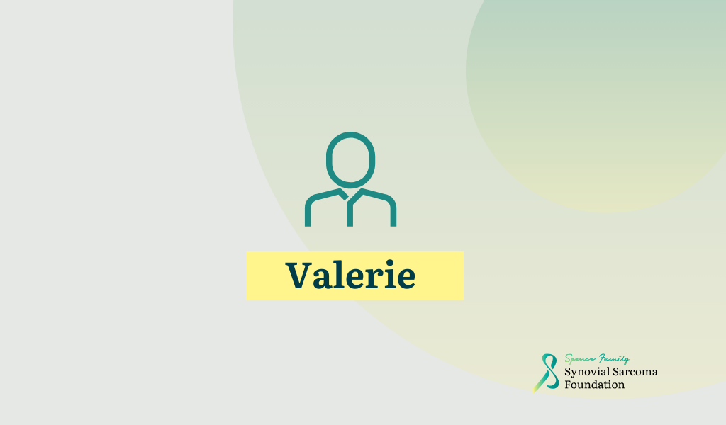 Minimalist graphic with an outline of a person above the name "Valerie" in bold on a yellow rectangle. The Synovial Sarcoma Foundation logo is in the lower right corner on a light green gradient background.