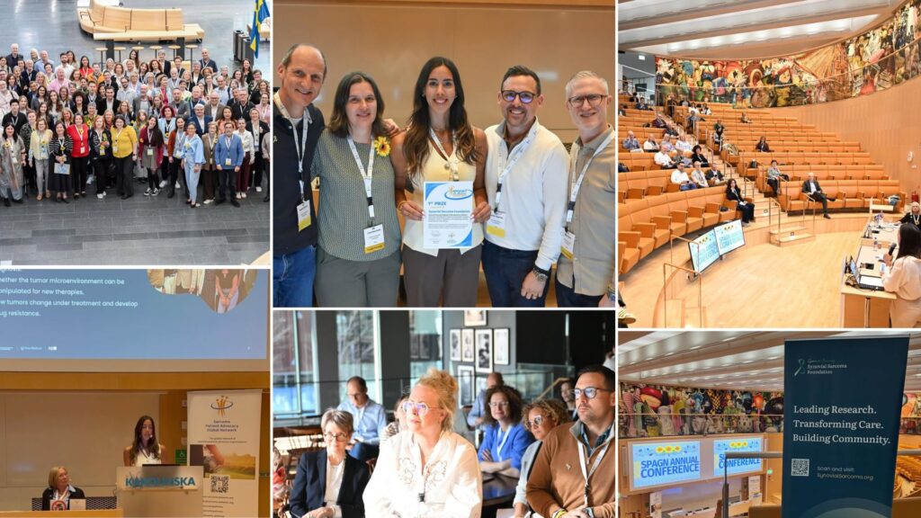 A collage of conference scenes including group photos, speakers presenting in an auditorium, attendees listening, and a woman holding a certificate with colleagues. Conference banners and presentation slides are visible throughout.