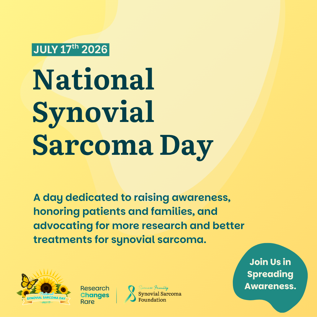 A yellow and teal graphic announces "National Synovial Sarcoma Day" on July 17th, 2026, encouraging awareness and research. Logos and a message to join in spreading awareness appear at the bottom.