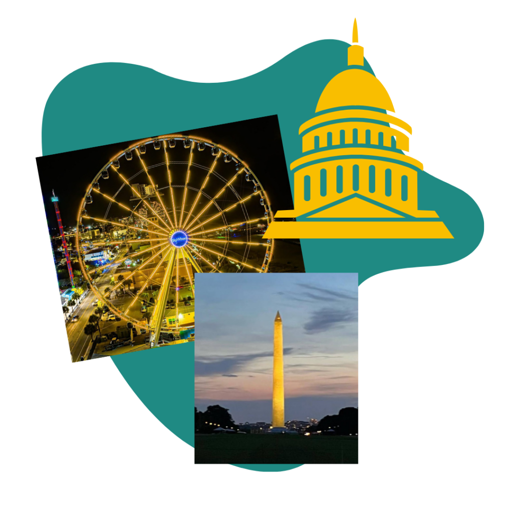 A collage with a yellow illustration of a domed building, a lit-up Ferris wheel at night, and the Washington Monument at sunset, all on a green abstract background.