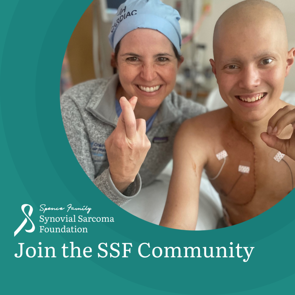 A smiling healthcare worker and a young patient with medical ports give a heart gesture with their fingers. Text reads: "Join the SSF Community. Spencer Family Synovial Sarcoma Foundation.