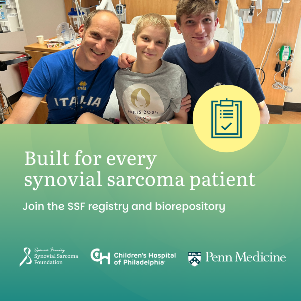 Three people—two adults and a child wearing a Paris 2024 shirt—sit and smile together in a hospital room. Text below promotes the Synovial Sarcoma Foundation registry, with CHOP and Penn Medicine logos.