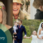 A collage showing a woman in various moments: in a headscarf, in military attire, hugging her children, on her wedding day, and smiling with her family. Text reads, “Kaela’s Story.”.