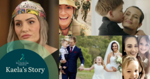 A collage showing a woman in various moments: in a headscarf, in military attire, hugging her children, on her wedding day, and smiling with her family. Text reads, “Kaela’s Story.”.