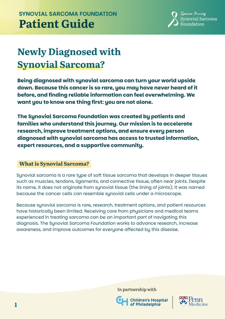Patient guide cover for newly diagnosed synovial sarcoma patients. Features green and yellow headers, Synovial Sarcoma Foundation logo, an introductory paragraph, and a highlighted section explaining what synovial sarcoma is.