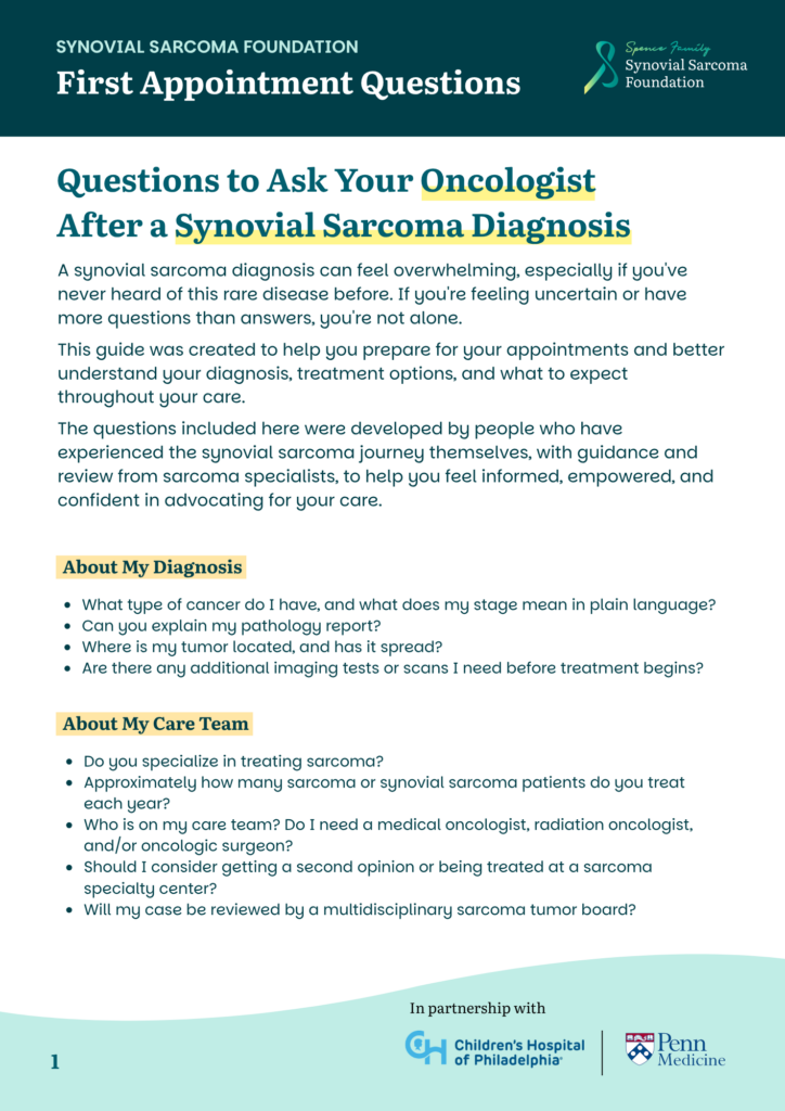 A flyer titled “First Appointment Questions” lists questions to ask your oncologist and care team after a synovial sarcoma diagnosis, with logos for Penn Medicine and Children’s Hospital of Philadelphia.