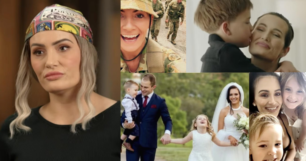 A woman with long hair wearing a colorful headscarf is shown alongside photos of her with children, in a wedding dress, in military uniform, and smiling with family.