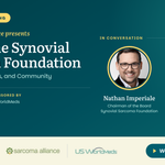Webinar recording poster titled “Inside the Synovial Sarcoma Foundation” featuring speakers Nathan Imperiale and Philip Leider, recorded October 9, 2026, and sponsored by US WorldMeds.